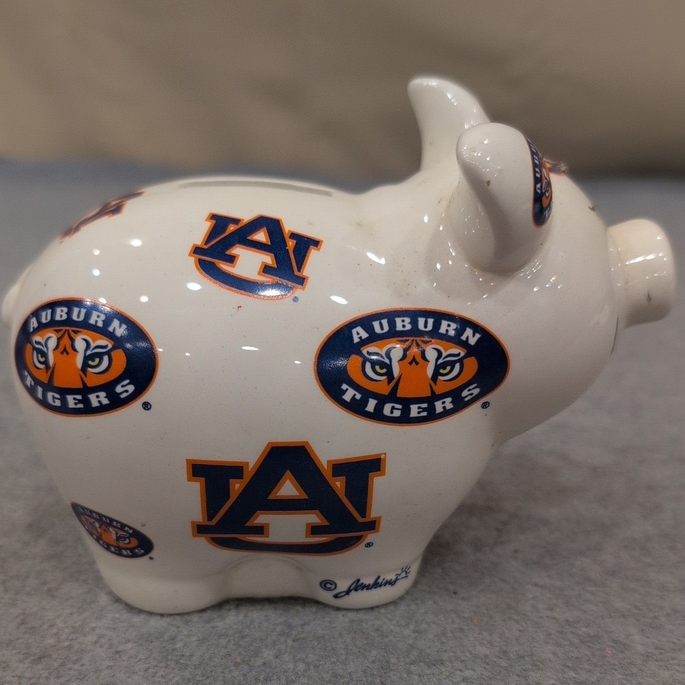 Auburn Tigers NCAA Ceramic Piggy Bank White Blue Orange Jenkins Logo Coin Bank - Picture 1 of 5